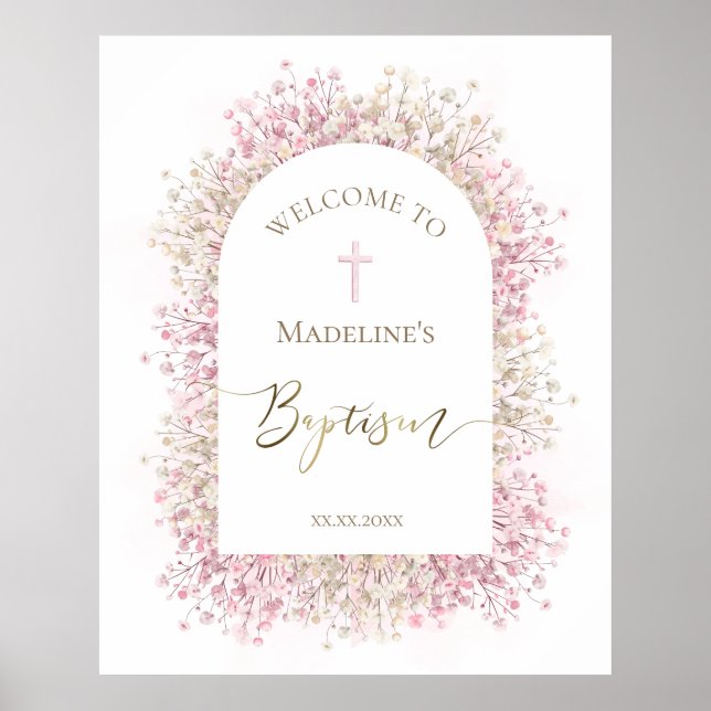 Baptism rosa vit blommigt välkommen poster (Framsidan)
