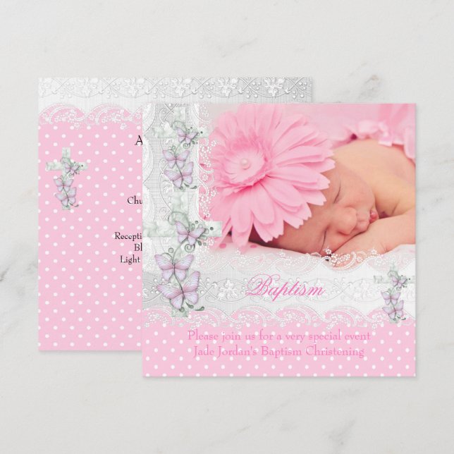 Baptism Rosa White Snöre Photo Butterfly Kor Girl Inbjudningar (Fram/baksida)