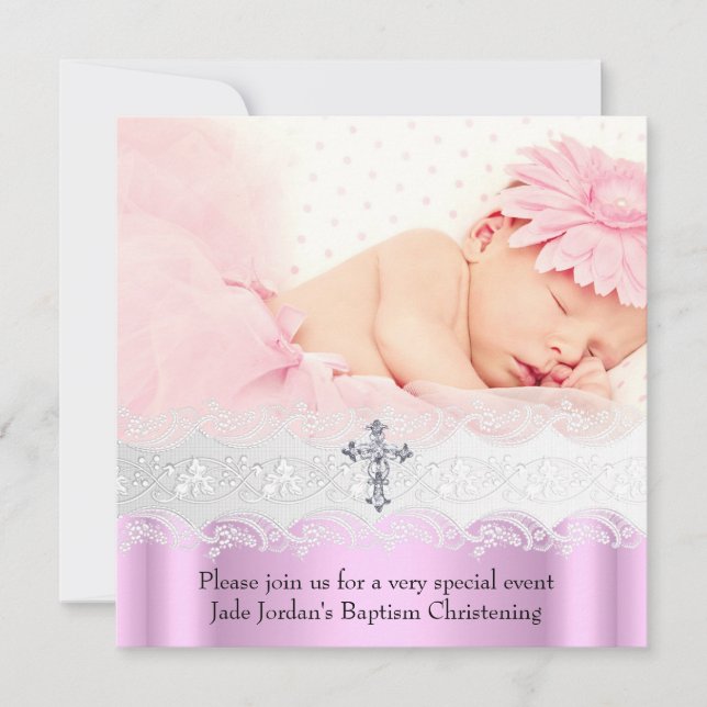 Baptism Rosa White Snöre Photo Jewel Kor Girl Inbjudningar (Framsida)