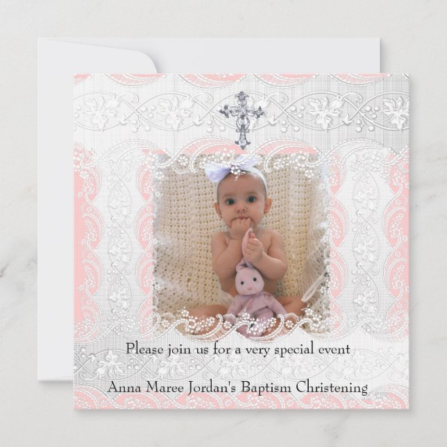 Baptism Rosa White Snöre Photo Jewel Kor Inbjudningar (Framsida)