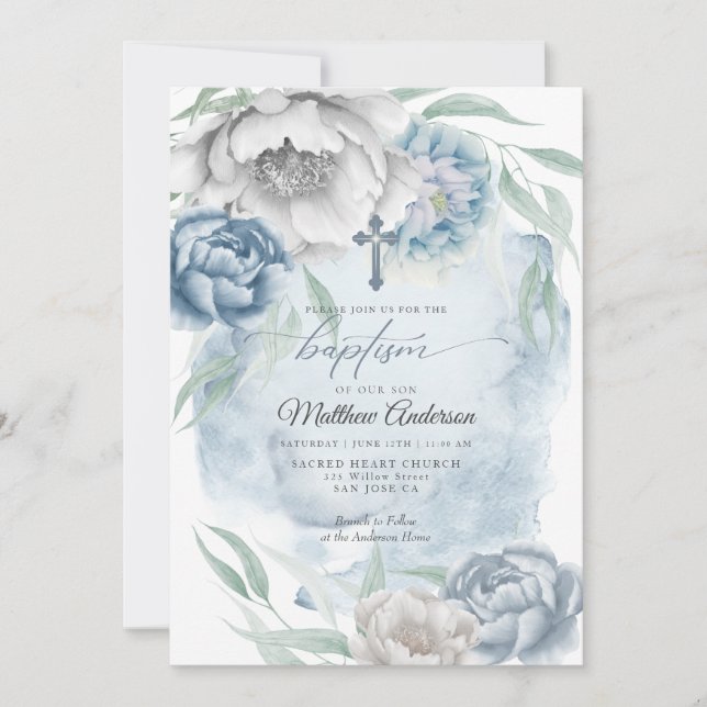 BAPTISM Rustic Dusty Blue Alabaster Flowers Inbjudningar (Framsida)