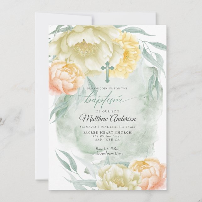 BAPTISM Rustic Ivory Lemon Gult Blommigt Inbjudningar (Framsida)
