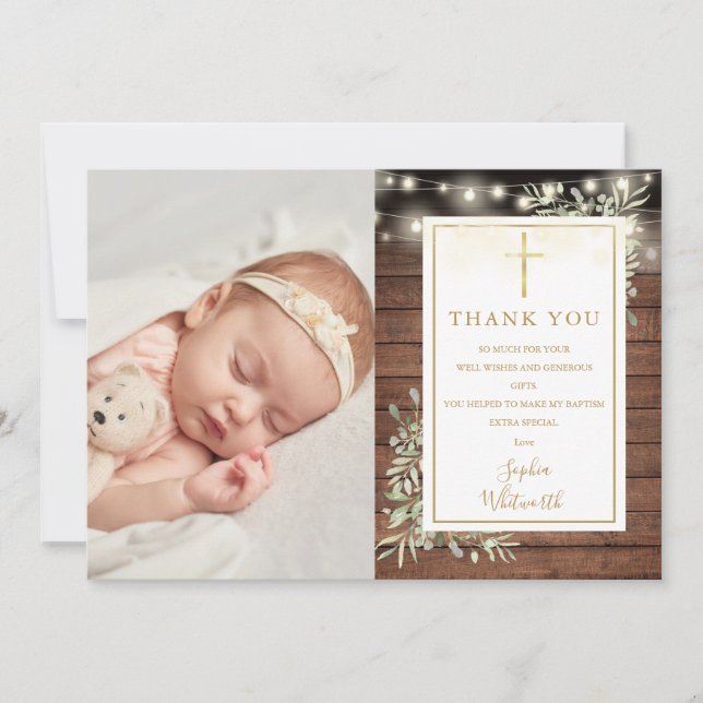 Baptism Rustic String Ljus Greenery Photo Tack Kort (Framsida)