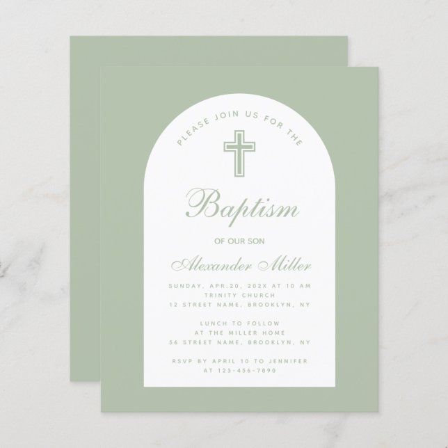 Baptism Sage Budget Arch Grönt Script-inbjudan (Fram/baksida)