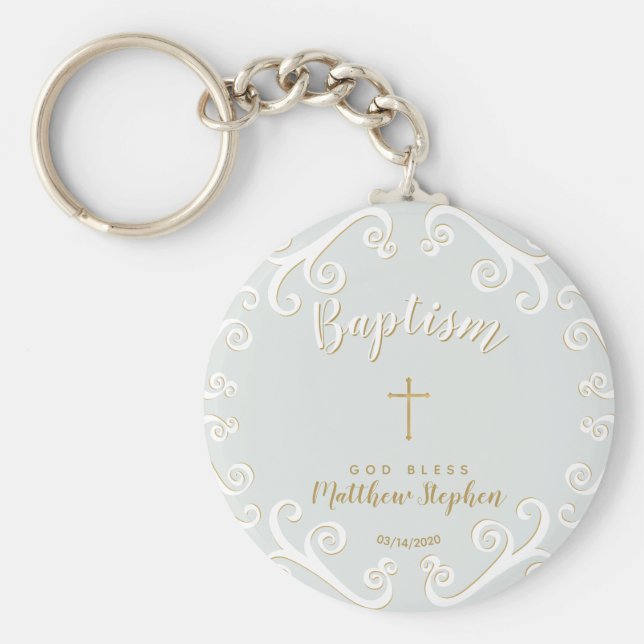 Baptism Scrollsar i pulverblått och Guld Nyckelring (Framsidan)