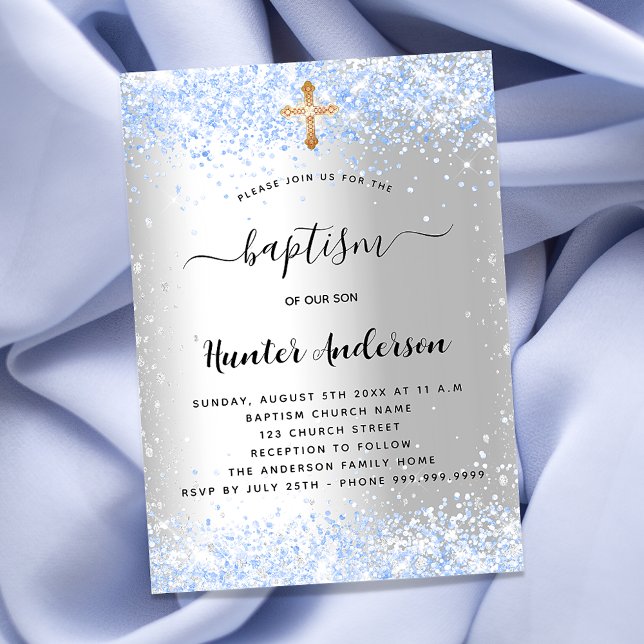 Baptism silver blue konetti pojke lyx inbjudningar (Skapare uppladdad)