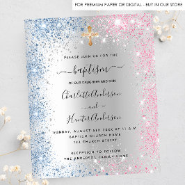 Baptism silver Blue rosa twillingar Boy-inbjudan Flygblad