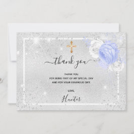 Baptism silver glitter Blue blommigts fotopojke Tack Kort