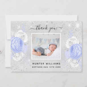 Baptism silver glitter Blue blommigts fotopojke Tack Kort
