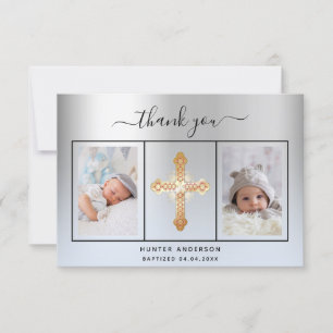 Baptism silver ljusblå pojke-fotoskript tack kort