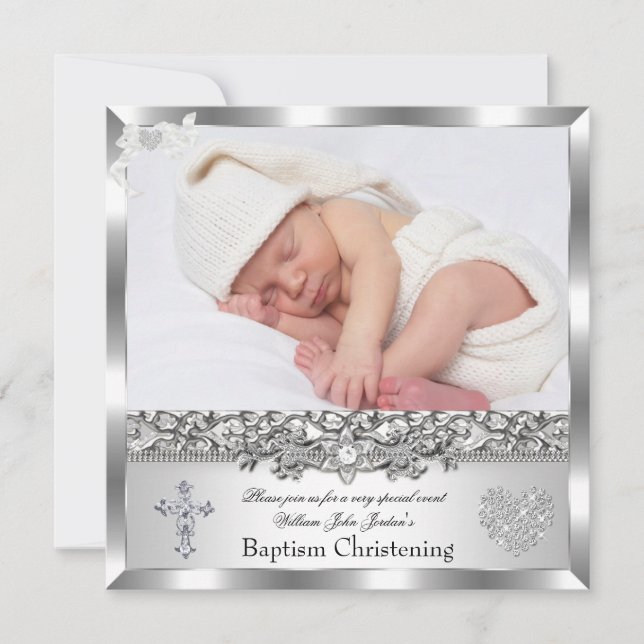 Baptism Silver Photo Heart Kor Boy eller Girl Inbjudningar (Framsida)
