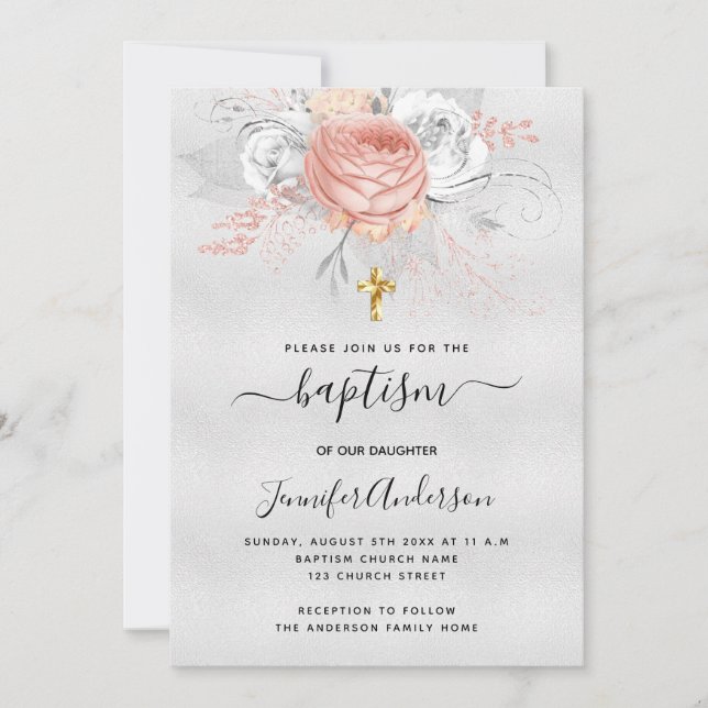 Baptism silver ro guld blommigt Flickor elegant Inbjudningar (Framsida)