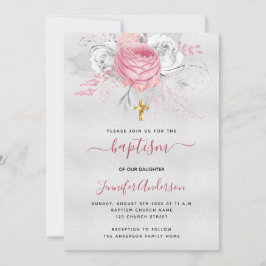 Baptism silver rosa blommigt  , elegant vit inbjudningar