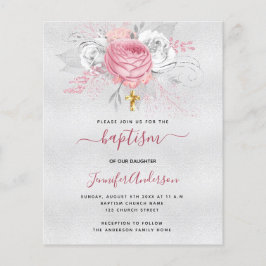 Baptism silver rosa blommigt Flickinbjudan till   Flygblad