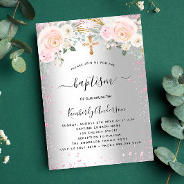 Baptism silver rosa blommigt glitter Flickor elega Inbjudan Vykort