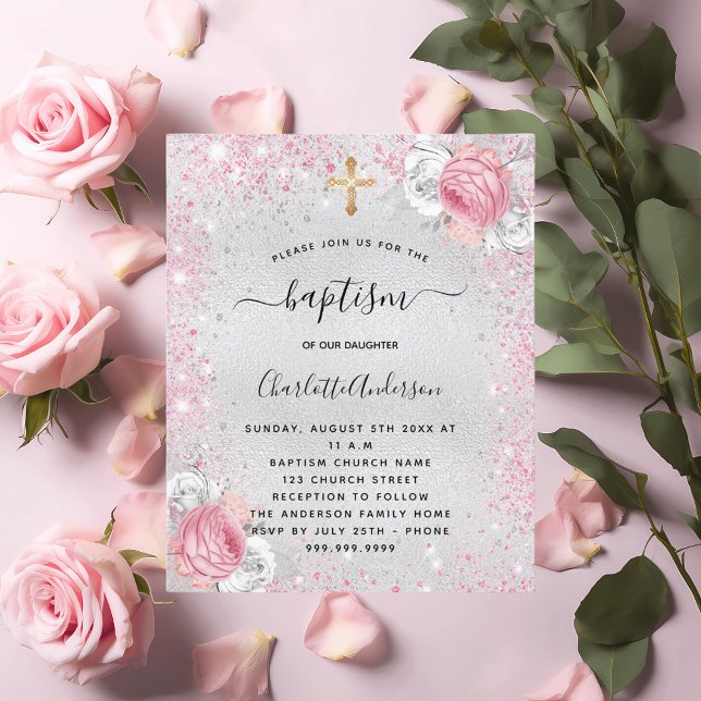 Baptism silver rosa Flicka blommigt glitter inbjud (Skapare uppladdad)