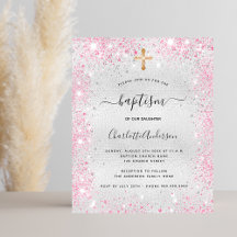 Baptism silver rosa Flicka glitter budgetinbjudan