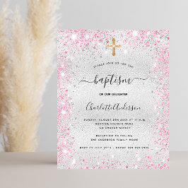 Baptism silver rosa Flicka glitter budgetinbjudan