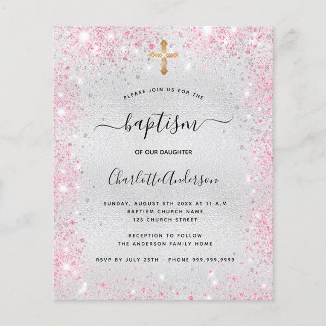Baptism silver rosa Flicka glitter budgetinbjudan Flygblad (Framsidan)