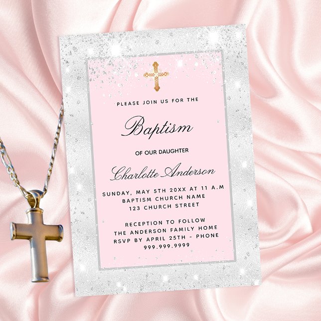 Baptism silver rosa glitter flicka kor elegant inbjudningar (Skapare uppladdad)