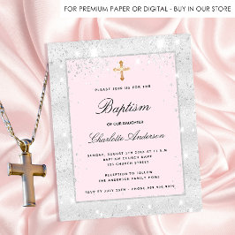 Baptism silver rosa glitter-flickbudgetinbjudan