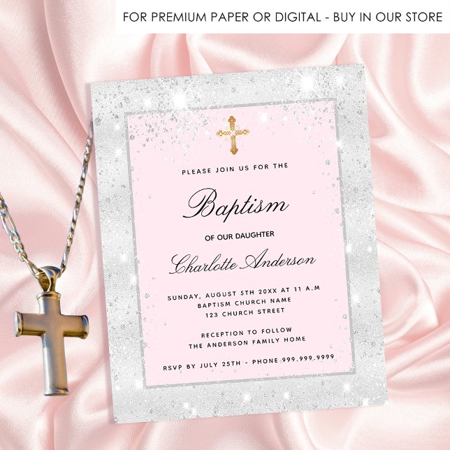 Baptism silver rosa glitter-flickbudgetinbjudan (Skapare uppladdad)