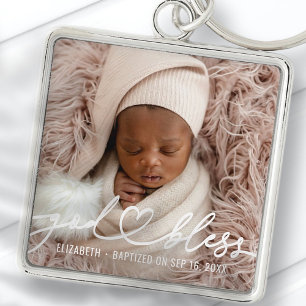 Baptism Simple Elegant Modern Heart Baby Photo Fyrkantig Silverfärgad Nyckelring