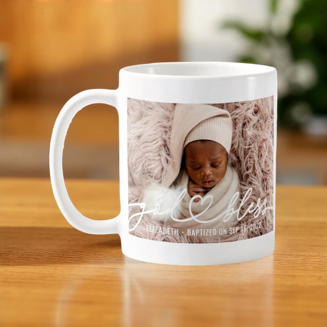 Baptism Simple Elegant Modern Heart Baby Photo Kaffemugg (Skapare uppladdad)