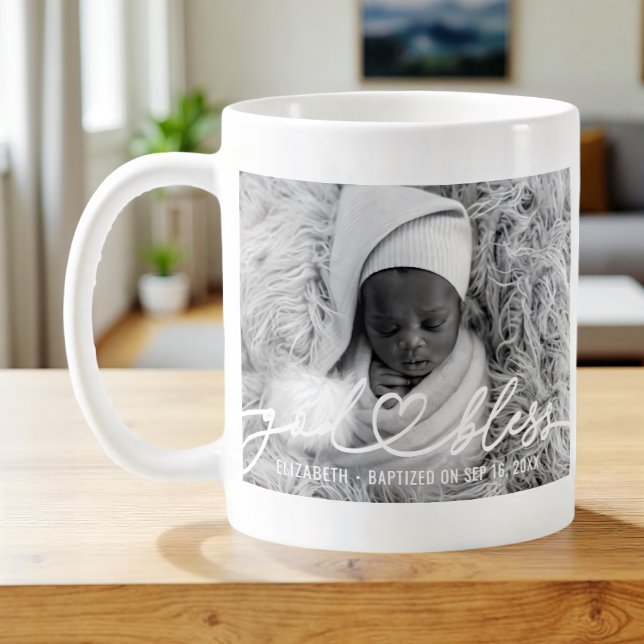 Baptism Simple Elegant Modern Heart Baby Photo Kaffemugg (Skapare uppladdad)