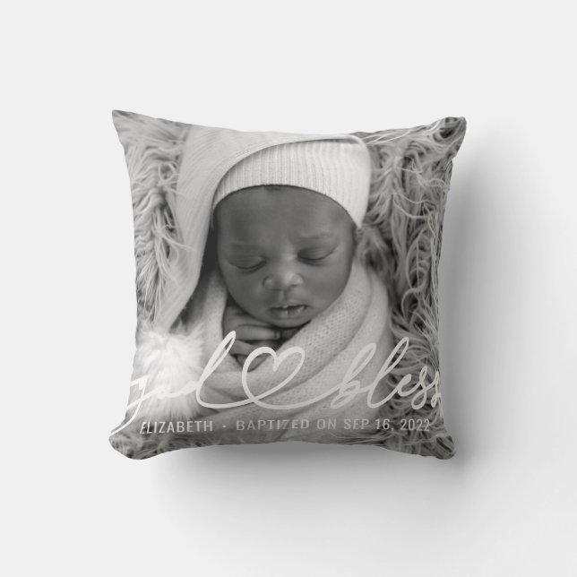 Baptism Simple Elegant Modern Heart Baby Photo Kudde (Framsida)