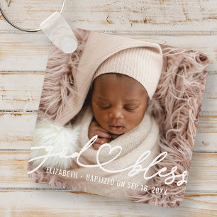 Baptism Simple Elegant Modern Heart Baby Photo Nyckelring