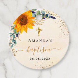 Baptism: solblommor eucalyptus glitter modern gåvor etiketter