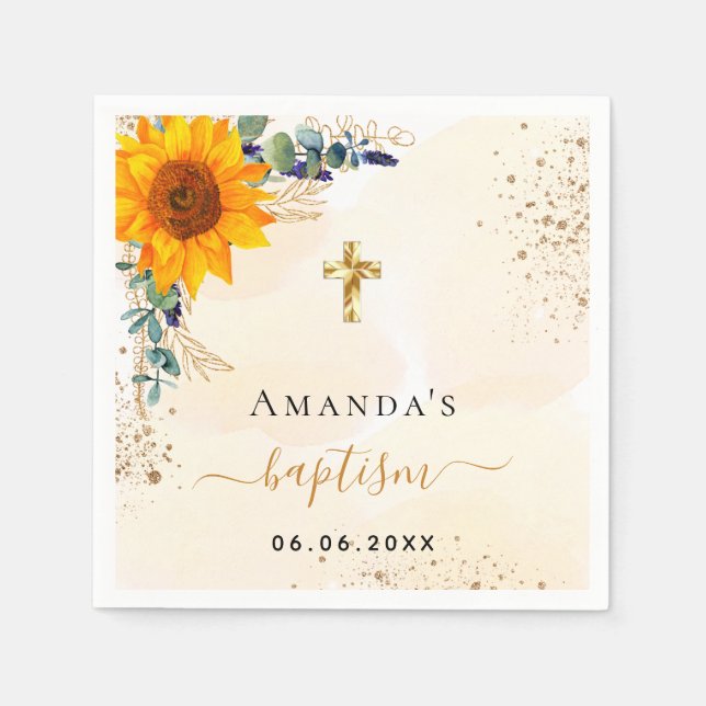 Baptism solblommor eucalyptus greenery glitter pappersservett (Framsidan)