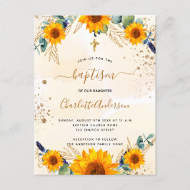 Baptism solblommor eucalyptus guld glitter inbjudan vykort