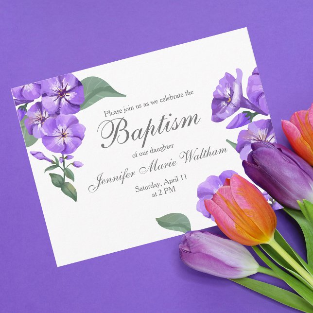 Baptism Söt Lila  Blommigt Vattenfärginbjudan Vykort (Skapare uppladdad)