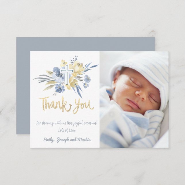 baptism tack för pojke blå gult inbjudningar (Fram/baksida)