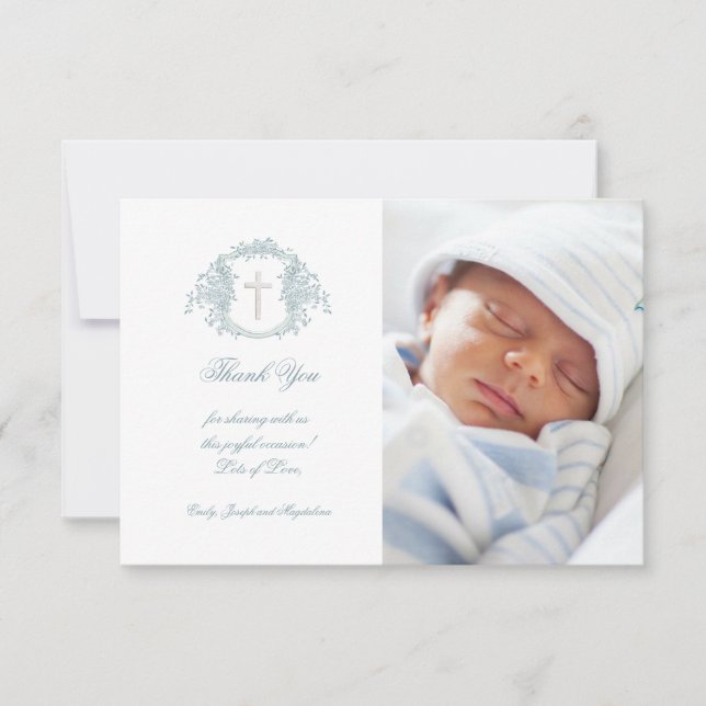 Baptism tack för vapenskölden med blå blommigt inbjudningar (Framsida)