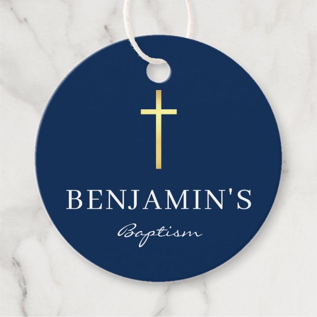 BAPTISM TACK modern marblått guld kor Gåvor Etiketter (Framsida)