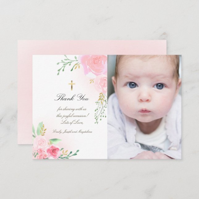 Baptism tack rosa ros inbjudningar (Fram/baksida)