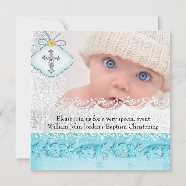 Baptism Teal Blue White Snöre Photo Jewel Kor Boy Inbjudningar (Framsida)