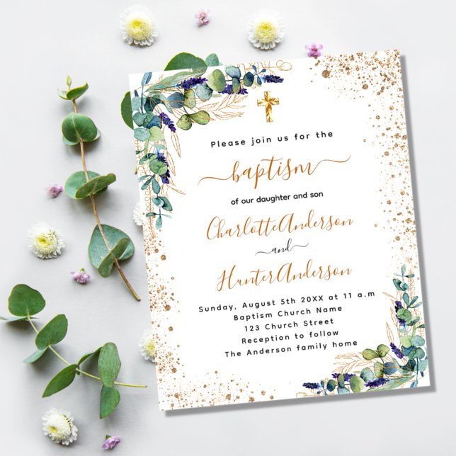 Baptism twillingar eukalyptus guld budgetinbjudan flygblad (Skapare uppladdad)