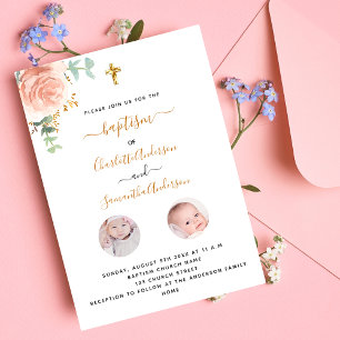 Baptism-twillingar Flickor med vit blommigt Inbjudningar