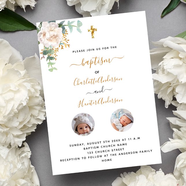 Baptism-twillingar, vit blommigt, foto inbjudningar (Skapare uppladdad)