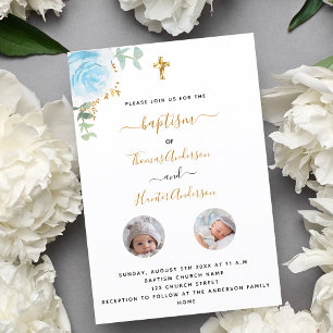 Baptism-twillingar, vit blommigt-foto inbjudningar