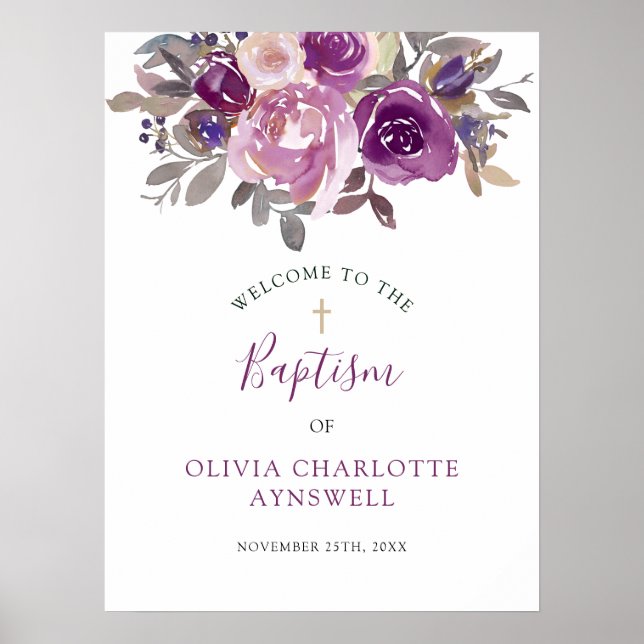 Baptism Välkomna Dusty Mauve Lila  Botanik Poster (Framsidan)
