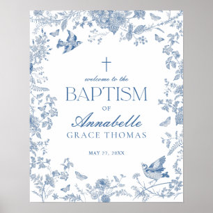 Baptism Välkomstecken för Blue Toile De Jouy Blomm Poster