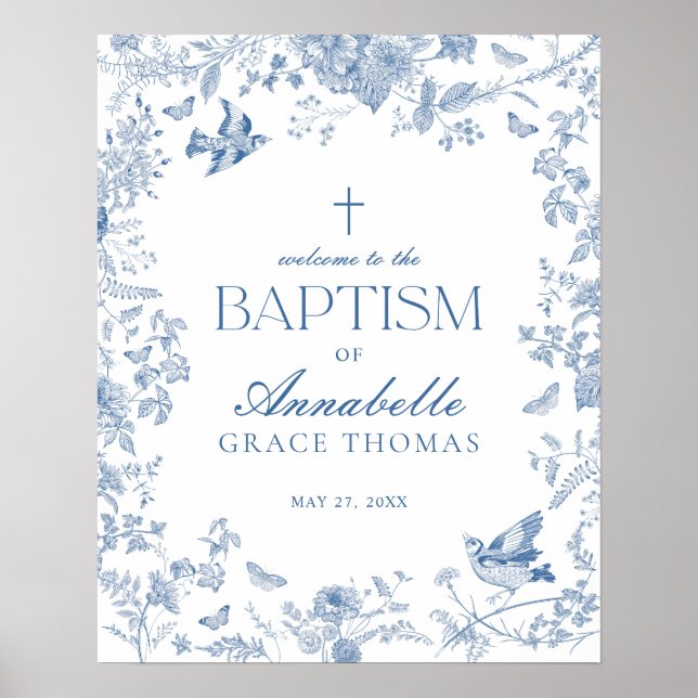 Baptism Välkomstecken för Blue Toile De Jouy Blomm Poster (Framsidan)