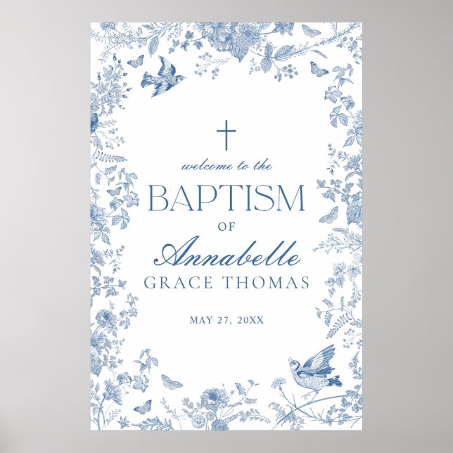 Baptism Välkomstecken för Blue Toile De Jouy Blomm Poster (Framsidan)