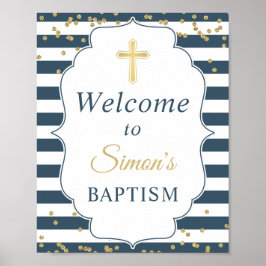 Baptism Välkomstord Blåvita Rand Guld Glitter Poster