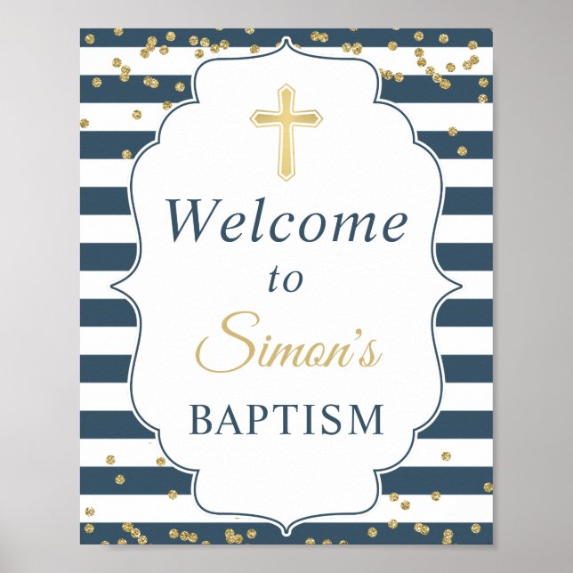 Baptism Välkomstord Blåvita Rand Guld Glitter Poster (Framsidan)